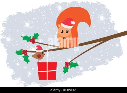 Vector illustration de carte de Noël avec funny squirrel in santa hat, oiseau, présent Illustration de Vecteur