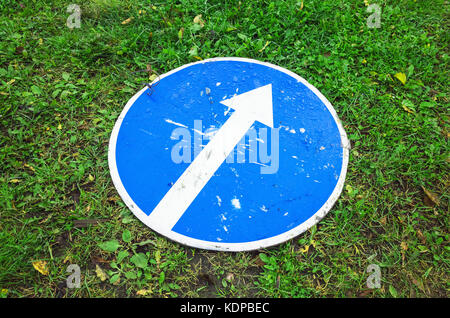 De l'avant uniquement, round road sign bleu avec blanc Flèche de direction jette sur l'herbe verte Banque D'Images