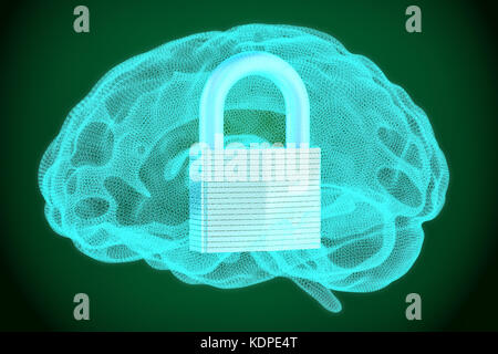 L'intérieur d'un cadenas de sécurité et protéger le cerveau, concept, rendu 3D Banque D'Images