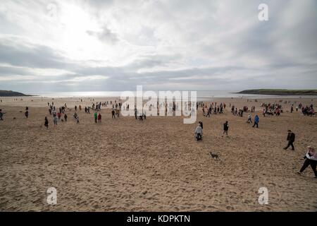 Barry, pays de Galles, Royaume-Uni, 15 octobre 2017. Des centaines de schnauzers et leurs propriétaires se promènent sur la plage du Schnauzerfest à Barry Island, qui fait partie d'une collection nationale de marches de collecte de fonds, Vale of Glamorgan, pays de Galles, Royaume-Uni. Photo de Mark Hawkins / images composées crédit : Mark Hawkins/Alamy Live News Banque D'Images