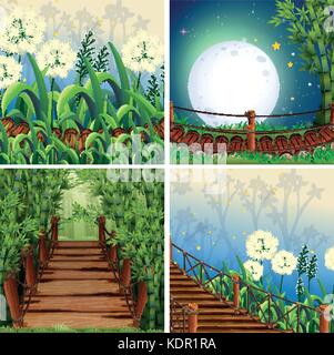 Quatre scènes de la nature avec l'illustration du pont de bois Illustration de Vecteur