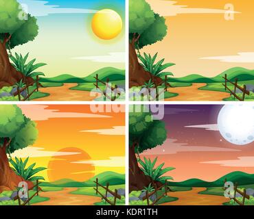 Quatre scènes de coucher de soleil dans la campagne illustration Illustration de Vecteur