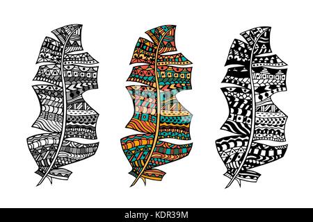 Art tribal stylisé plumes couleur et monochrome pour coloriage adultes. L'art-thérapie anti-stress. Illustration de Vecteur