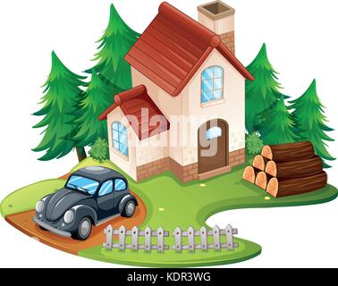 Chambre simple avec voiture noire garée devant l'illustration Illustration de Vecteur