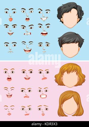 L'homme et la femme avec beaucoup d'expressions faciales illustration Illustration de Vecteur