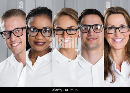 Collage of smiling multi-ethnique de jeunes gens portant des lunettes Banque D'Images