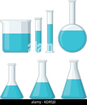 Béchers différents rempli de liquide bleu illustration Illustration de Vecteur