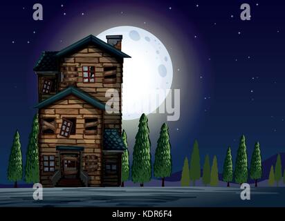 Vieille maison de bois sur fullmoon nuit illustration Illustration de Vecteur