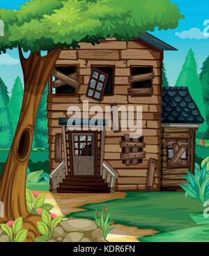 Maison en bois avec mauvais état dans jungle illustration Illustration de Vecteur