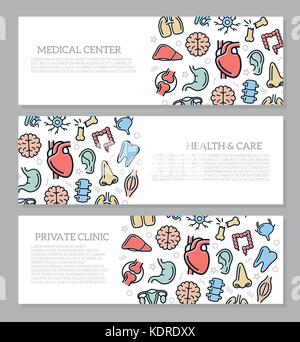 Ensemble de trois organes numériques et l'anatomie des bannières horizontales avec icône modèle. vector illustration Illustration de Vecteur