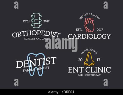 Jeu d'orgue vintage retro, dent, backbone, coeur, logo nez ou insignes, emblèmes, étiquettes et d'écussons et d'autres objets de marque style de ligne de scénario. Illustration de Vecteur