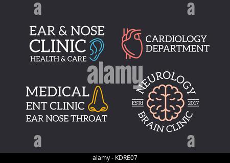Jeu d'orgue vintage rétro, l'oreille, cerveau, nez logo ou insignes, emblèmes, étiquettes et d'écussons et d'autres objets de marque style de ligne de scénario. Illustration de Vecteur