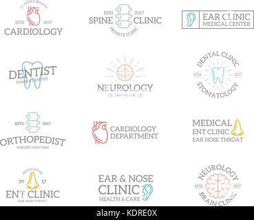 Ensemble d'organes et l'anatomie retro vintage logo ou insignes, emblèmes, étiquettes et d'écussons et d'autres objets de marque style de ligne de scénario. Illustration de Vecteur