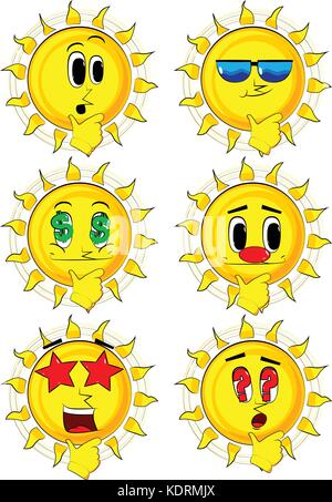 Caricature de la pensée de sun. collection avec différentes expressions faciales. vector set. Illustration de Vecteur