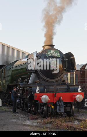 Flying Scotsman au Bishops Lydeard station sur la West Somerset Railway (WSR) dans le Somerset en mai 2017 lors de sa visite en tirant la cathédrale Express Banque D'Images