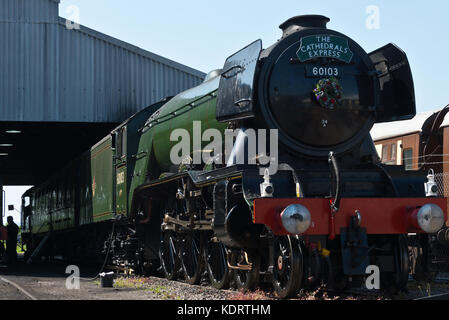 Flying Scotsman au Bishops Lydeard station sur la West Somerset Railway (WSR) dans le Somerset en mai 2017 lors de sa visite en tirant la cathédrale Express Banque D'Images