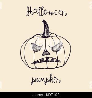 Halloween citrouille avec inscription, woodcut style design, hand drawn doodle, sketch dans un style pop art, noir et blanc isolé vector illustration Illustration de Vecteur