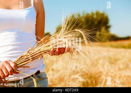 Photo de fille en t-shirt blanc avec des épillets Banque D'Images