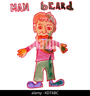 Aquarelle Dessin enfants barbe homme dessin animé sur un fond blanc Banque D'Images