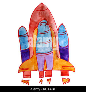 Les enfants dessin aquarelle missile, un dessin animé sur orange white backg Banque D'Images