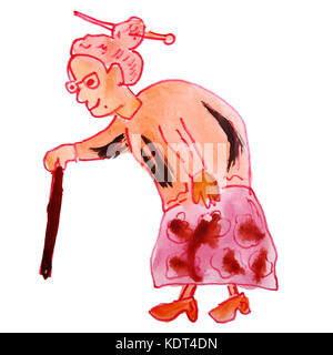 Aquarelle Dessin enfants cartoon vieille femme sur fond blanc Banque D'Images
