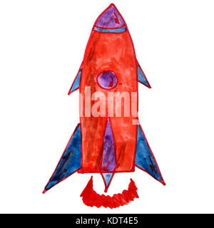 Aquarelle Dessin enfants cartoon rocket over white background Banque D'Images