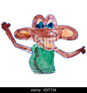 Aquarelle Dessin singe brun style cartoon isolé sur une brindille Banque D'Images