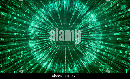 Illustration 3d holographique d'une CPU le cyberespace blast avec soleil étincelant comme des poutres apparentes avec différents symboles et signes dans le fond vert sombre. Il Banque D'Images