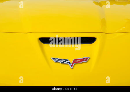 Réunion des voitures américaines classiques, à Torrejon de Ardoz (Madrid - Espagne). hood de jaune Chevrolet Corvette Z06 coupé. détail de logo drapeaux Banque D'Images