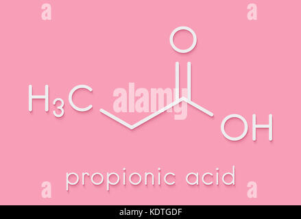 L'acide propionique (propanoic acid) molécule. utilisé comme conservateur dans les aliments. formule topologique. Banque D'Images