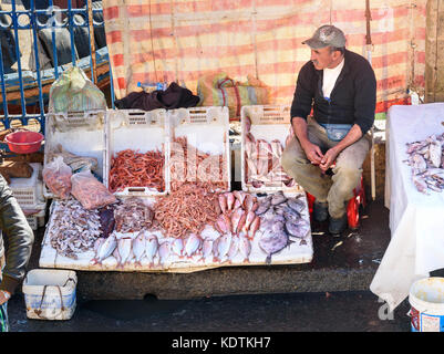 Essaouira, Maroc - 31 décembre 2016 : l'homme local marocain vend du poisson frais et des fruits de mer sur le marché à port Banque D'Images