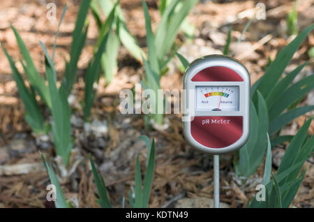 L'outil analogique pour mesurer le ph du sol - Assemblée générale close up avec l'arrière-plan les plantes Banque D'Images