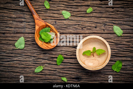 La mélisse fraîche ( melissa teinture) feuilles en cuillère et bol en bois avec configuration mise à plat sur la table en bois miteux. Banque D'Images