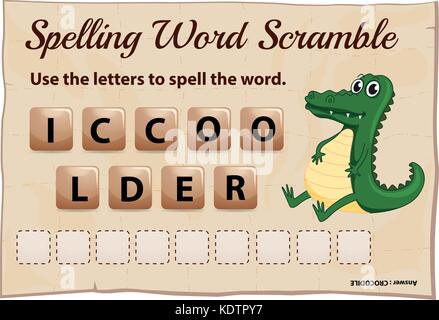 L'orthographe word scramble modèle de jeu avec illustration crocodile Illustration de Vecteur