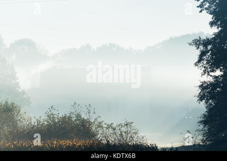 Głębowice, Pologne. 16 Oct, 2017. Matin brumeux d'automne, Głębowice, la Pologne, l'Europe. Głębowice, Pologne, Europe, 16 Oct, Natura 2000, Głębowice, Pologne, Europe, 2017. Cela va être une très belle journée chaude d'automne, malgré le matin brumeux. Il n'y a pas de nuage dans le ciel, bleu ciel. Le soleil levant éclaire magnifiquement les feuilles d'automne sur les arbres. Credit : w124merc / Alamy Live News Banque D'Images