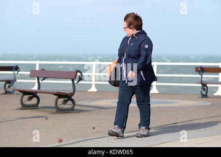 Aberystwyth, Ceredigion, pays de Galles, Royaume-Uni. 16 oct, 2017. uk weather. Une femme a du mal à marcher car elle se tourne directement dans les vents forts venant du sud-ouest à travers la mer d'Irlande sur la côte ouest du pays de Galles à aberystwyth que storm approches ophelia - photo steven mai / alamy live news Banque D'Images