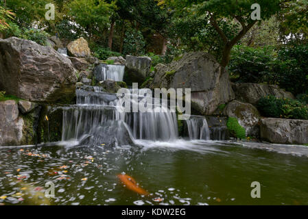 Londres, Royaume-Uni. 16 octobre 2017. Météo France : une carpe koï nage par comme la litière de feuilles mortes de la surface de l'étang dans le Jardin de Kyoto dans la région de Holland Park, à l'ouest de Londres. Le jardin japonais d'ornement a été donné par la Chambre de Commerce de Kyoto en 1991. Crédit : Stephen Chung / Alamy Live News Banque D'Images