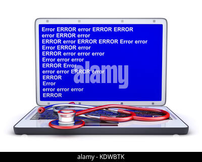 Ordinateur portable écran bleu d'erreur et stéthoscope. 3d illustration Banque D'Images
