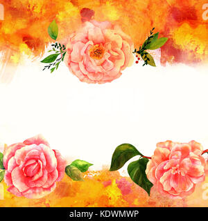 La texture de fond de couleur rouge vif, jaune, orange, blanc et coups de pinceau d'un peintre et l'aquarelle fleurs. Résumé du cadre artistique avec place pour Banque D'Images