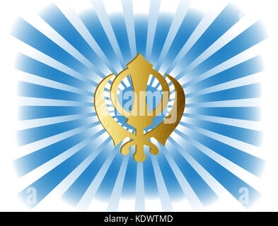 Le principal symbole du sikhisme - sign Khanda en or métal. Rayons bleus dégradés, illustration Banque D'Images