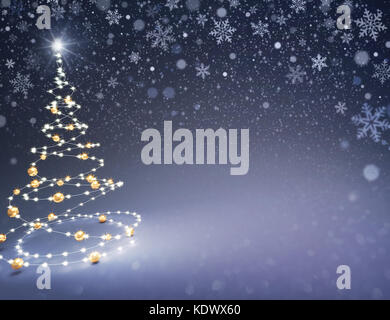 Arbre de Noël illustré par des jeux de lumières et des boules de noël en or sur un fond noir de neige - 3d illustration Banque D'Images