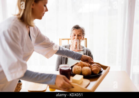 Syndicat de la santé et a senior woman lors de visite à domicile. Une infirmière apportant de la nourriture à une femme âgée assise à la table. Banque D'Images