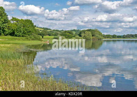 BLAGDON LAKE SOMERSET ENGLAND PRINTEMPS LES PRÉS REMPLIS DE FLEURS SAUVAGES ET LES PÊCHEURS SUR LA RIVE Banque D'Images