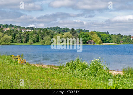 BLAGDON LAKE SOMERSET ENGLAND PRINTEMPS les prés remplis de fleurs sauvages LA CABANE DE PÊCHE ENTOURÉ DE SAULES AVEC BLAGDON VILLAGE DE L'ARRIÈRE Banque D'Images