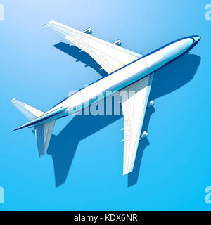 Vue aérienne d'un Boeing 747, vue de dessus d'un avion bleu, ombre longue, rendu 3D. Banque D'Images