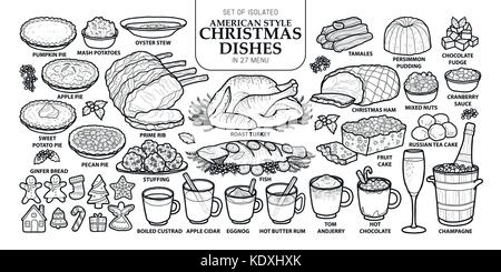 Ensemble de plats de Noël traditionnels isolés dans 27 menu. cute hand drawn vector illustration alimentaire en gris foncé contour et avion blanc sur blanc zone Illustration de Vecteur