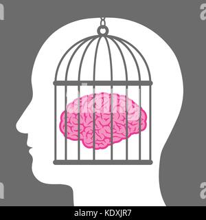 Cerveau dans une cage avec un homme chef représentant un manque de liberté de pensée et d'un homme qui est prisonnier et ne sont plus libres d'innover ou créer - vector Illustration de Vecteur