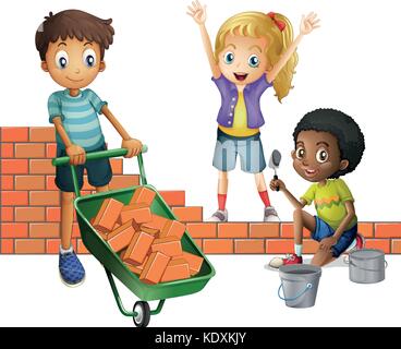 Mur de briques de construction de trois enfants illustration Illustration de Vecteur