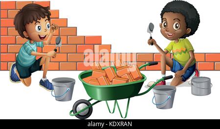 Deux garçons briques de construction ensemble illustration Illustration de Vecteur