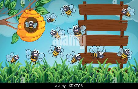 De nombreuses abeilles volant dans jardin avec des signes illustration Illustration de Vecteur